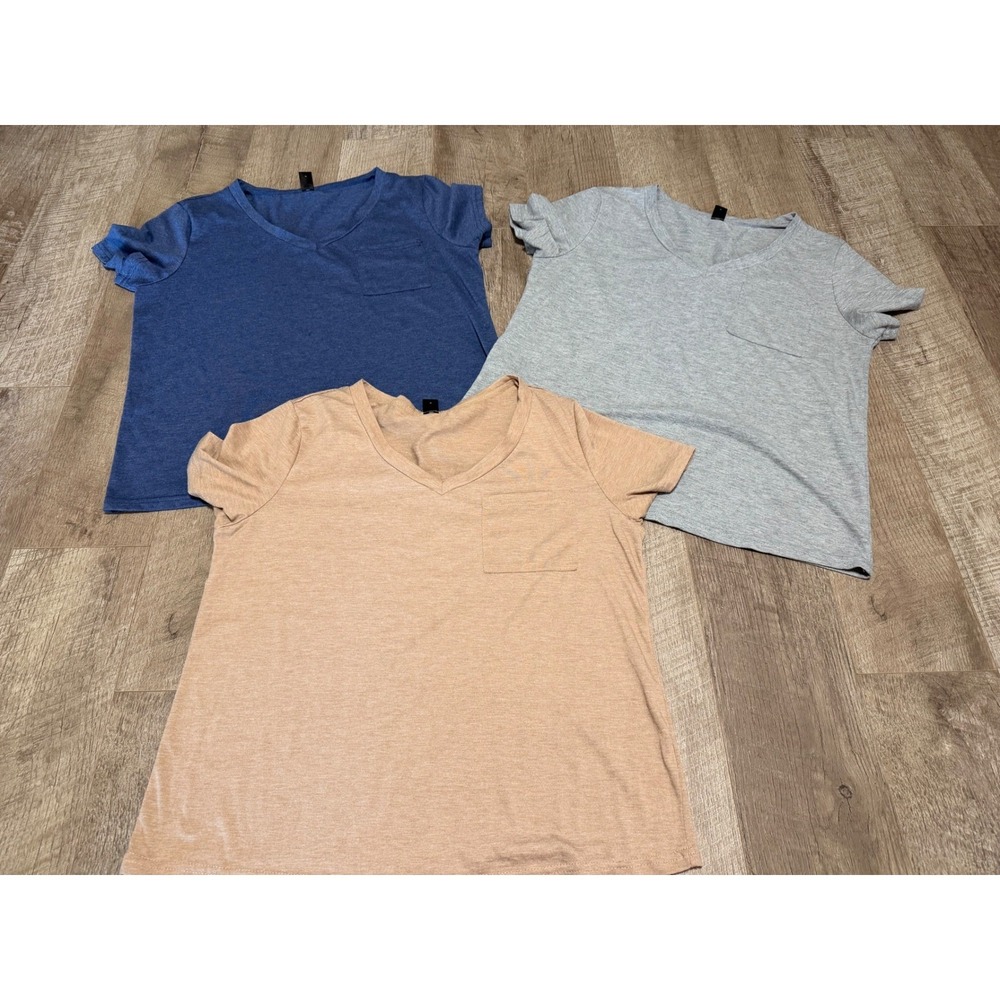 SHEIN Women's V-Neck Pocket T-Shirt Bundle 3 Pack Blue Gray Tan XL